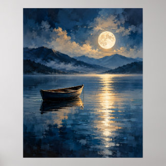 Affiche Bateau à rames en bois serein Reflet de lune
