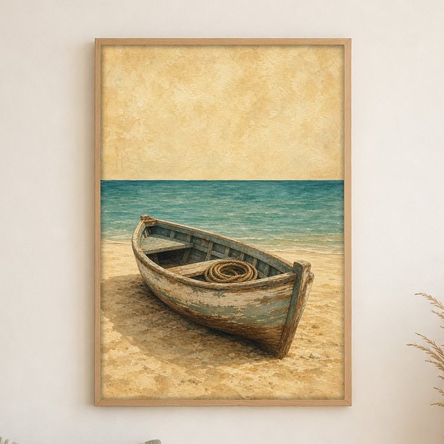 Affiche Bateau à rames sur l'affiche d'art côtier à l'aqua (Shown framed for scale. Poster ships unframed; frames are an optional add-on.)
