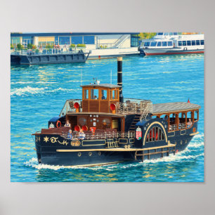 Affiche Bateau à roue à aubes vintage dans un port ensolei