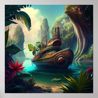Affiche Bateau à vapeur dans un réalisme magique de jungle