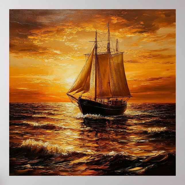 Affiche Bateau à voile au coucher du soleil avec ciel d'or (Devant)