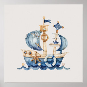 Affiche Bateau à voile bébé garçon bleu nautical
