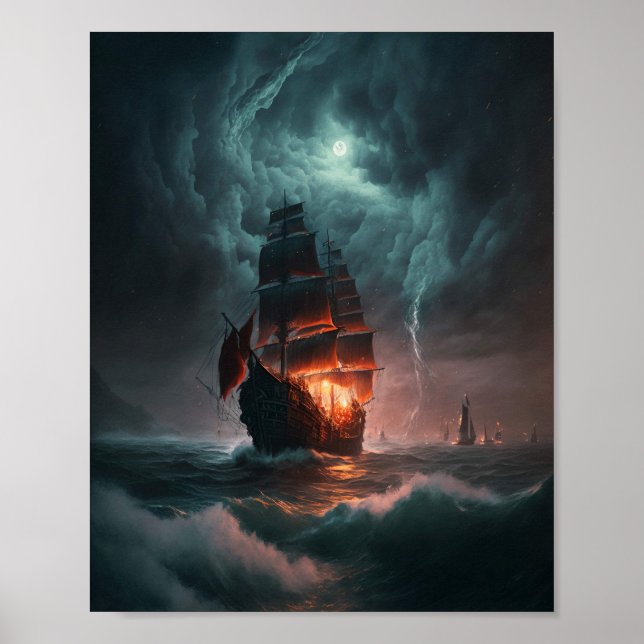 Affiche Bateau À Voile Combattant Vagues Et Tempête Dans L (Devant)
