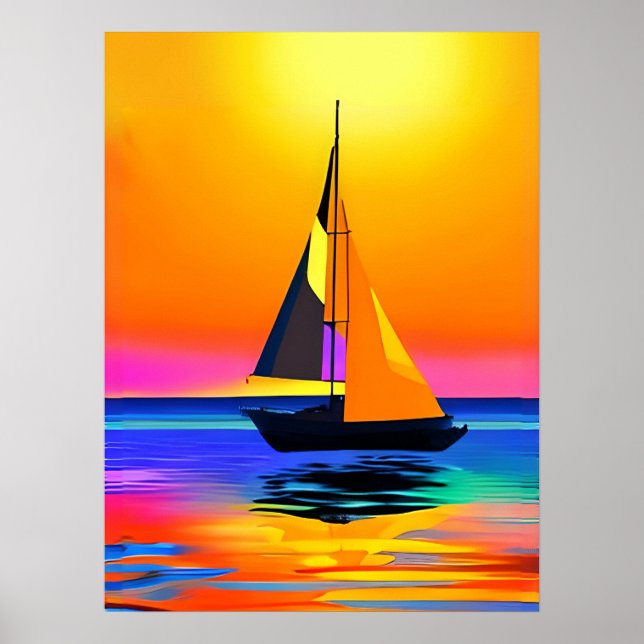 Affiche Bateau à voile contre un coucher de soleil sur l'o (Devant)