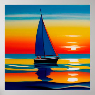 Affiche ⛵ Bateau à voile Coucher de soleil Eaux calmes Pou