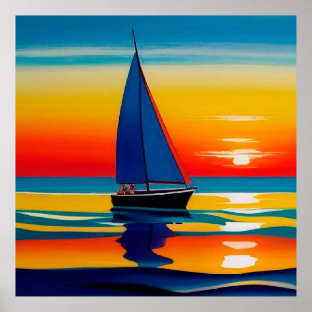 Affiche ⛵ Bateau à voile Coucher de soleil Eaux calmes Pou (Devant)
