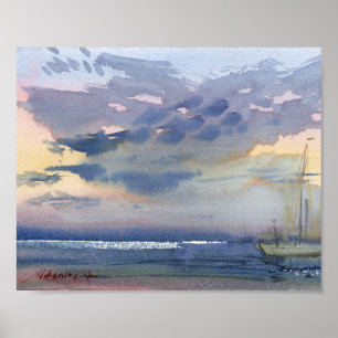 Affiche Bateau à voile et ciel du soir lumineux aquarelle