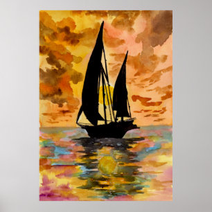 Affiche Bateau à voile et coucher de soleil sur l'océan