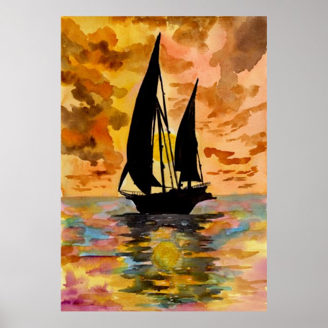 Affiche Bateau à voile et coucher de soleil sur l'océan (Devant)