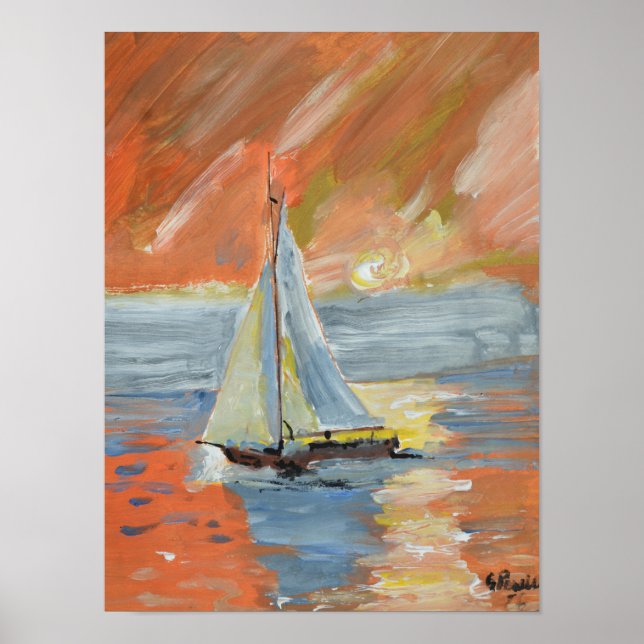 Affiche Bateau à voile Impressionniste au coucher de solei (Devant)