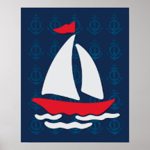 Bateau à voile - Mur d'art bleu, blanc et rouge