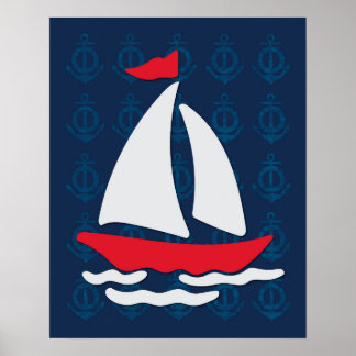 Affiche Bateau à voile - Mur d'art bleu, blanc et rouge