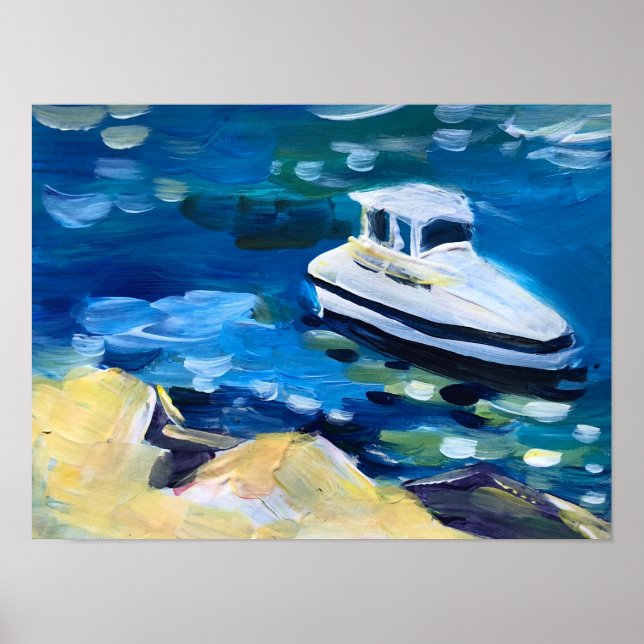 Affiche bateau blanc sur la mer (Devant)