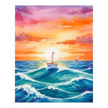 Bateau Coucher de soleil Océan Coloré Aquarelle Br