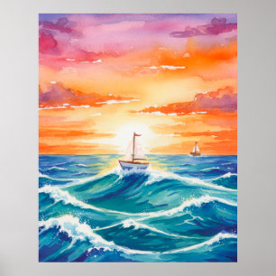 Affiche Bateau Coucher de soleil Océan Coloré Aquarelle Br