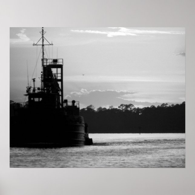 Affiche Bateau de crabe noir et blanc au coucher du soleil (Devant)
