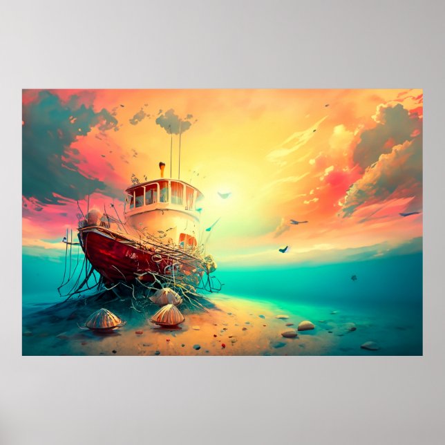 Affiche Bateau de crevettes au coucher du soleil (Devant)