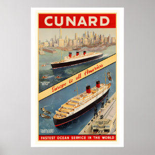 Affiche Bateau de croisière Cunard Europe vers toute l'Amé