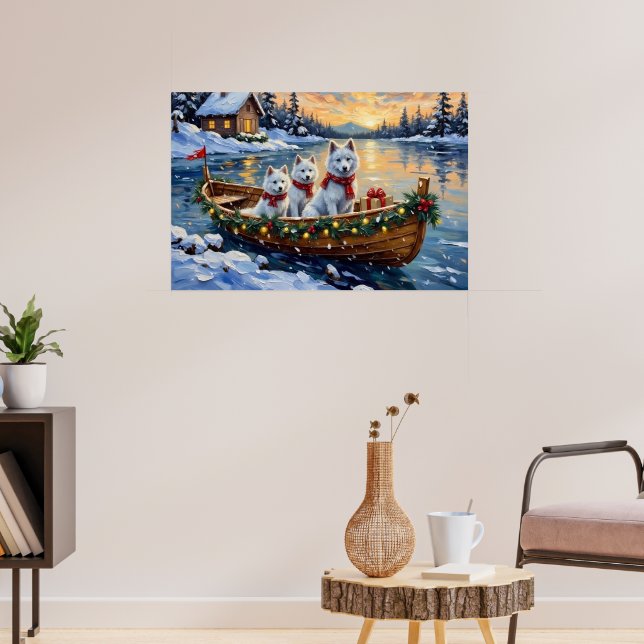 Affiche Bateau de Noël de Samoyède blanc pour les fêtes (Salon 3)
