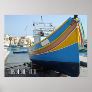 Affiche Bateau de pêche rayé traditionnel Marsaxlokk Malte