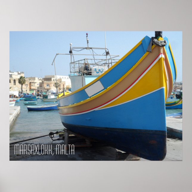 Affiche Bateau de pêche rayé traditionnel Marsaxlokk Malte (Devant)