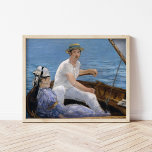 Affiche Bateau | Édouard Manet<br><div class="desc">Bateau (1874) d'Édouard Manet est un magnifique tableau impressionniste représentant un homme et une femme naviguant tranquillement sur un bateau. L'homme, vêtu d'une tenue blanche décontractée avec un casquette en paille, tient le tireur, tandis que la femme, vêtue d'une robe bleu percé, regarde à travers l'eau bleue scintillante. Les coups...</div>