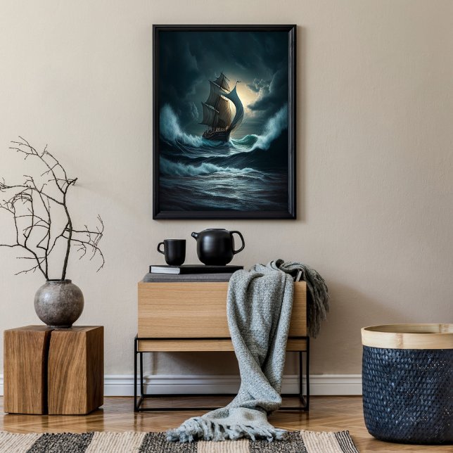 Affiche Bateau en bois naviguant en mer rugueuse (Créateur téléchargé)