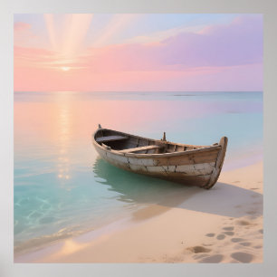 Affiche Bateau en bois sur la plage tropicale au coucher d