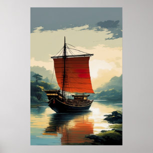 Affiche Bateau en bois sur la rivière pacifique