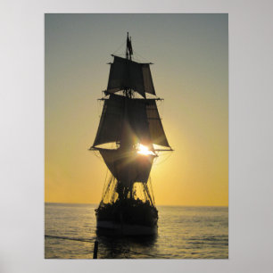Affiche Bateau grand à l'affiche de coucher du soleil