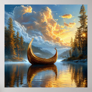 Affiche Bateau inspiré des Vikings dorés reposant sur le l