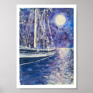 Affiche Bateau pirate au clair de lune