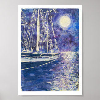 Affiche Bateau pirate au clair de lune