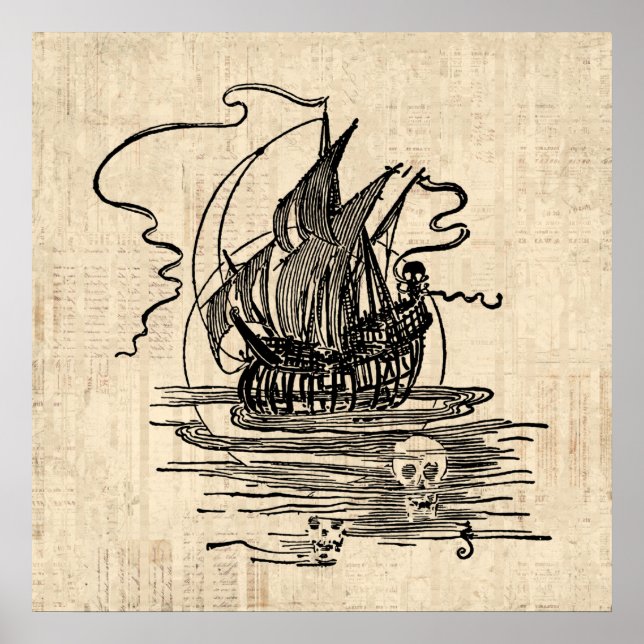 Affiche Bateau pirate avec des crânes Vintage Pirate Art (Devant)