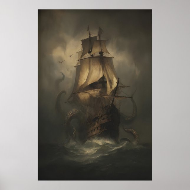 Affiche Bateau pirate Kraken, Peinture de pieuvre géante,  (Devant)