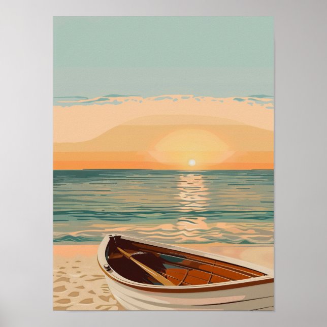 Affiche Bateau plage au coucher du soleil (Devant)