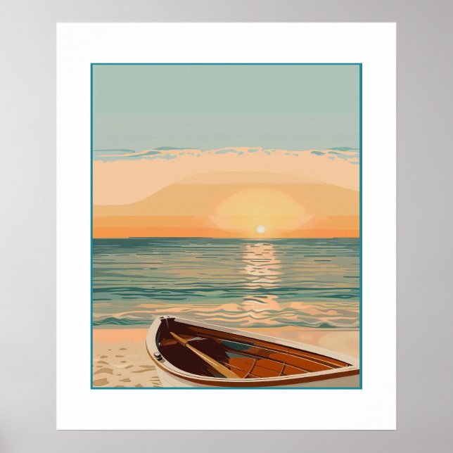 Affiche Bateau plage au coucher du soleil (Devant)