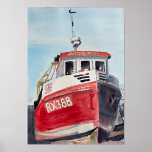 Affiche Bateau rouge sur la côte aquarelle