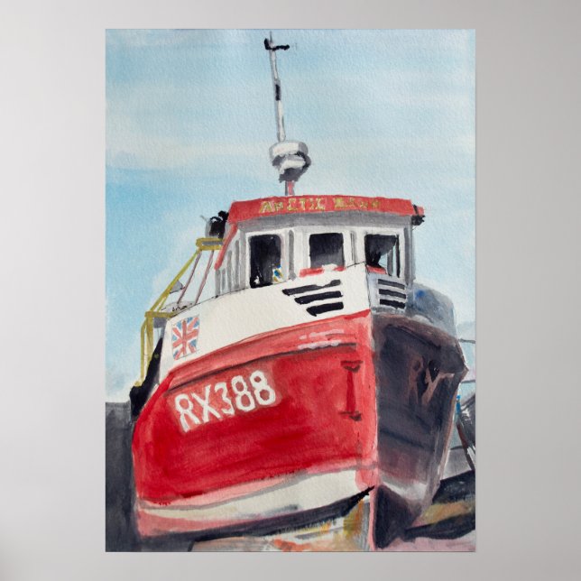Affiche Bateau rouge sur la côte aquarelle (Devant)