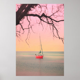 AFFICHE BATEAU ROUGE SUR LA PLAGE PENDANT LE COUCHER DE SO