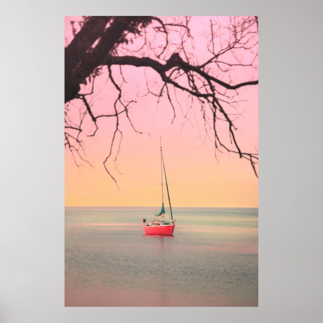 AFFICHE BATEAU ROUGE SUR LA PLAGE PENDANT LE COUCHER DE SO (Devant)