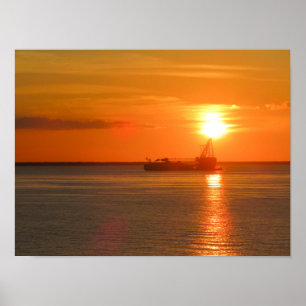 Affiche Bateau Silhouette Coucher de Soleil Doré Cozumel