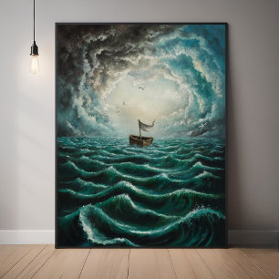 Affiche Bateau solitaire en Mer Turbulente Paysage océaniq