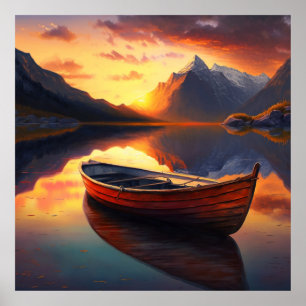 Affiche Bateau Sunset sur le lac avec fond de montagne