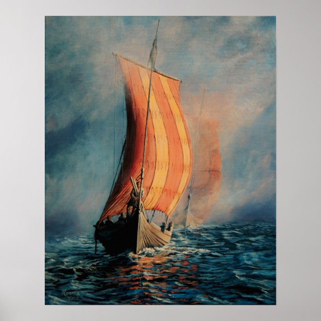 Affiche Bateau viking naviguant sur mer/océan dans le brou (Devant)