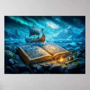 Affiche Bateau viking navigue depuis un livre ancien