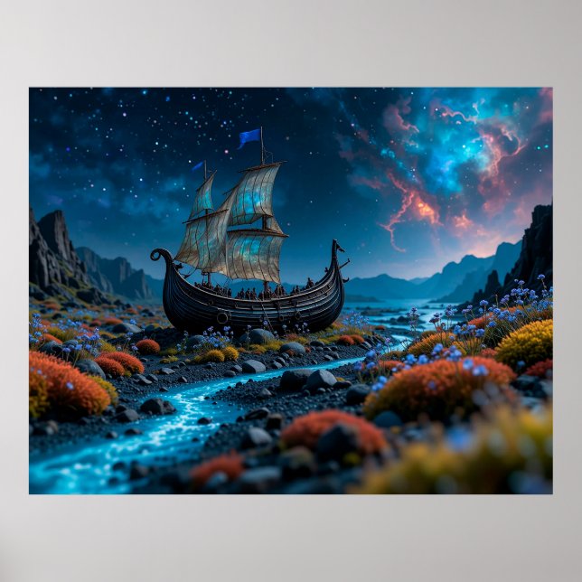 Affiche Bateau Viking sous un ciel étoilé (Devant)