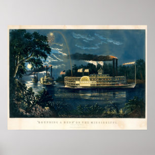 Affiche Bateaux à vapeur Currier vintage & Ives au clair d