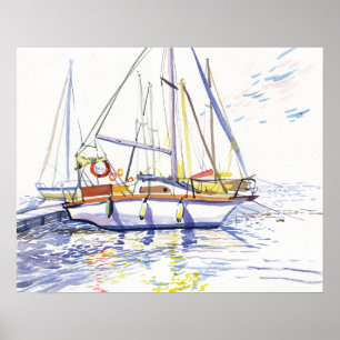 Affiche Bateaux à voile amarrés et reflets Aquarelle