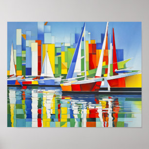 Affiche Bateaux à voile cubistes dans le port coloré
